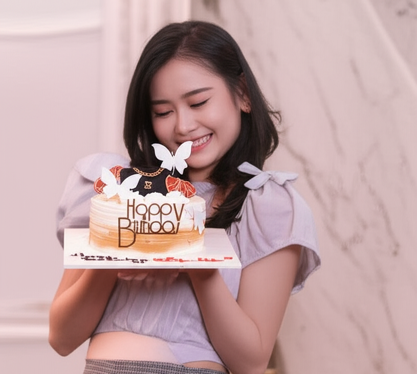 mockup 020311 Cô gái hạnh phúc với chiếc bánh kem trang trí túi xách channel sang trọng