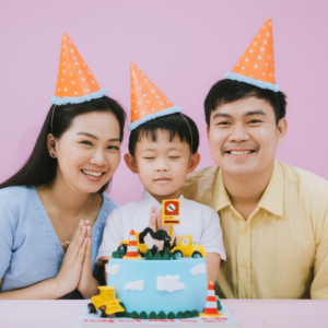 Bé trai hạnh phúc bên chiếc bánh kem cùng với Cha Mẹ