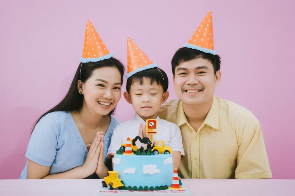 Bé trai hạnh phúc bên chiếc bánh kem cùng với Cha Mẹ